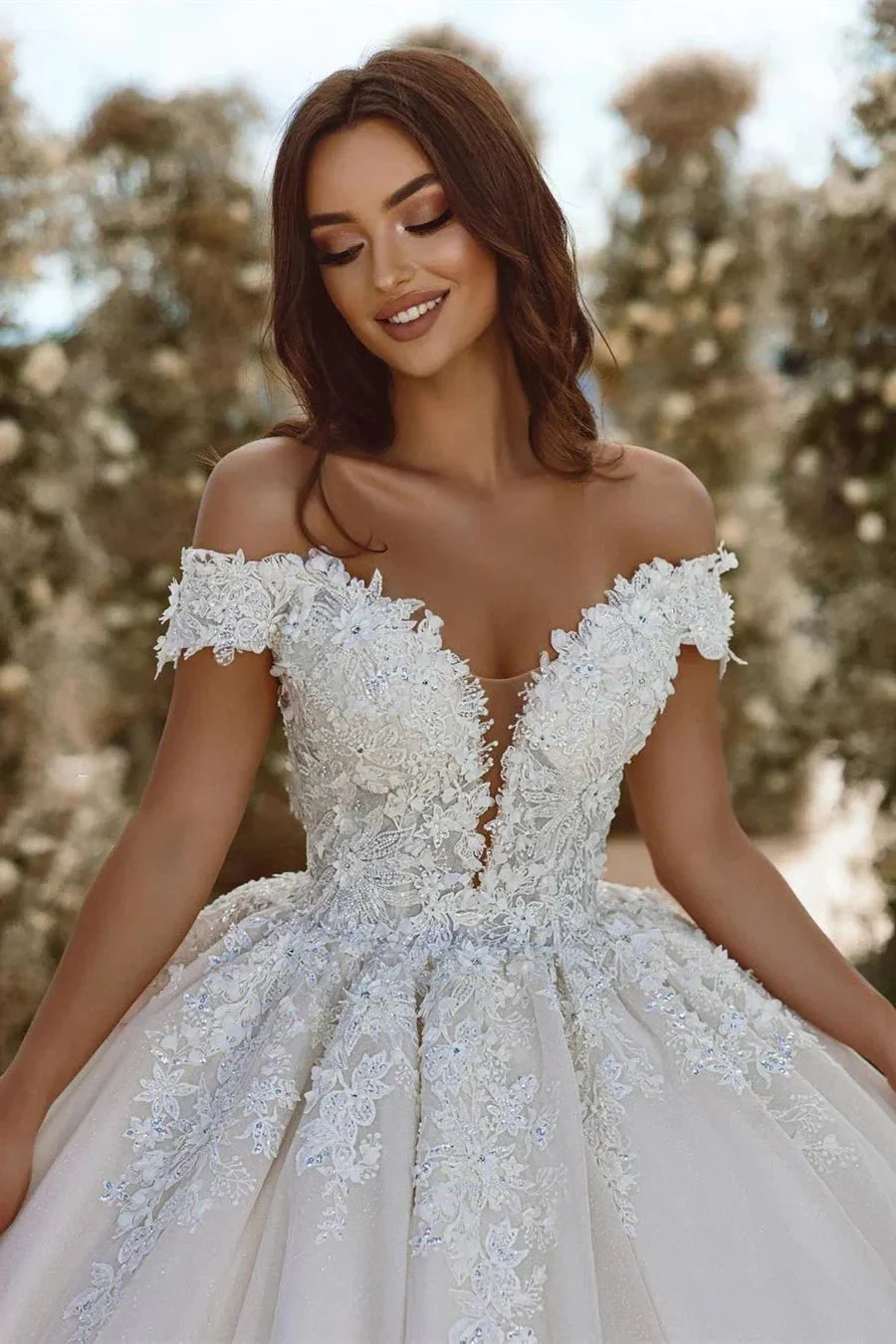 Glamorous Off-the-shoulder V-neck Appliques Lace A-line Wedding Dress - Image 3