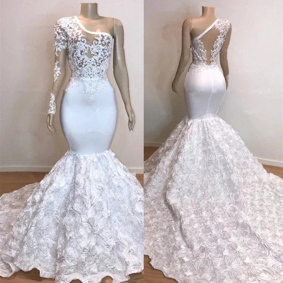 Glamorous One Shoulder Long Sleeve White Prom Dress - Image 2