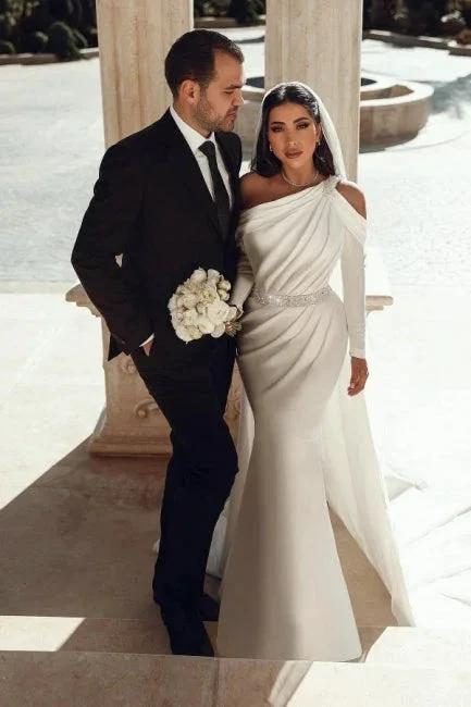 Glamorous one shoulder long sleeves mermaid satin Wedding dress with ruffles - Image 2