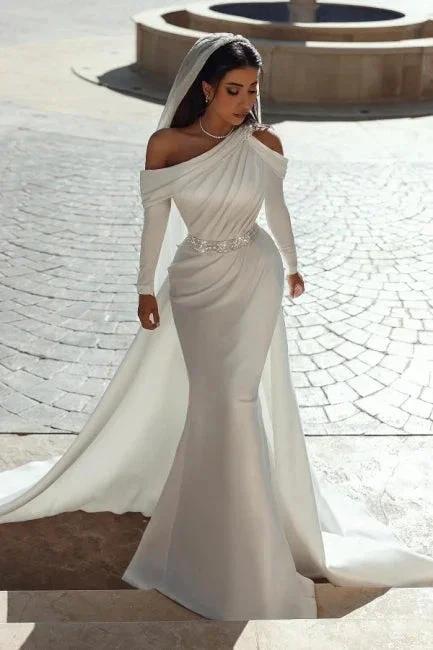 Glamorous one shoulder long sleeves mermaid satin Wedding dress with ruffles - Image 3