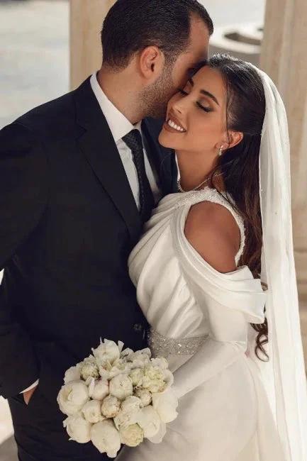 Glamorous one shoulder long sleeves mermaid satin Wedding dress with ruffles - Image 4