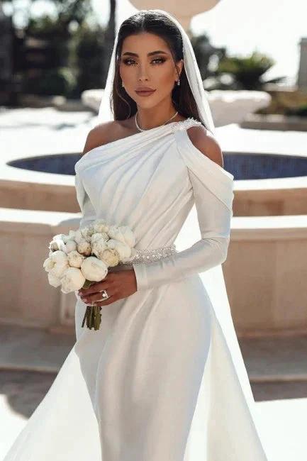 Glamorous one shoulder long sleeves mermaid satin Wedding dress with ruffles - Image 5