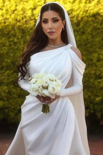 Glamorous one shoulder long sleeves mermaid satin Wedding dress with ruffles - Image 6