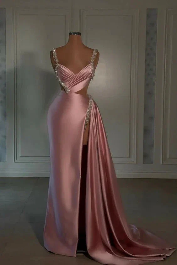 Glamorous Pink Evening Dress Sweetheart Spaghetti Strap With High Slit Trail Y6714 - Image 2