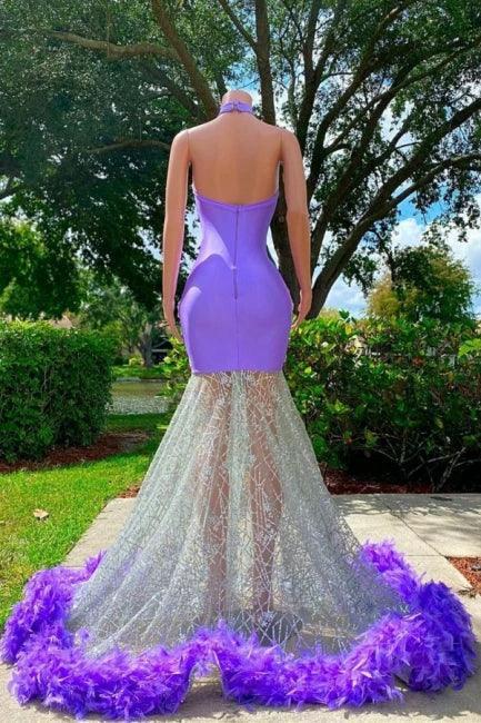 Glamorous Purple Halter Floor Length Satin Sleeveless Mermaid Prom Dress with Appliques - Image 2