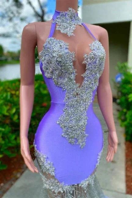 Glamorous Purple Halter Floor Length Satin Sleeveless Mermaid Prom Dress with Appliques - Image 3