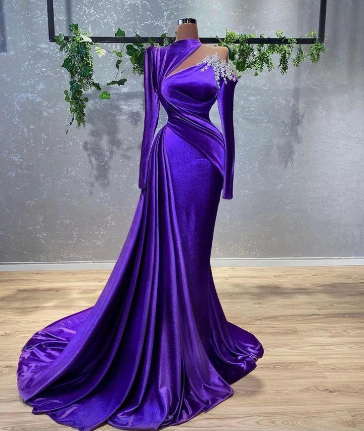Glamorous Purple Velvet Evening Dress With Long Sleeves,Classy Purple Velvet Evening Gown Y729 - Image 2