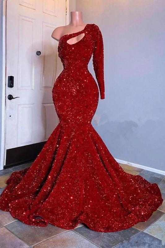 Glamorous Red Long Sleeves One-Shoulder Mermaid Prom Dress Sequins - Image 2