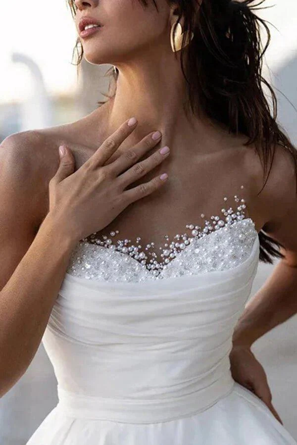 Glamorous Satin A-line Sweetheart Modest Wedding Dresses With Pearls MW1024 - Image 3