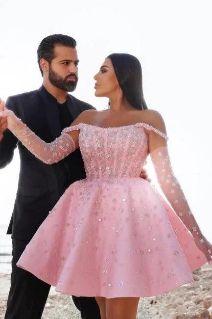Glamorous Short Pink Cocktail Dresses Off-the-shoulder Glitter Prom Dress With Lace - Image 2