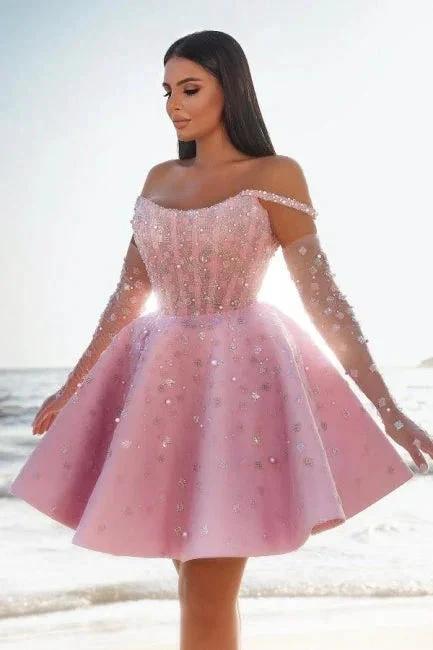 Glamorous Short Pink Cocktail Dresses Off-the-shoulder Glitter Prom Dress With Lace - Image 3