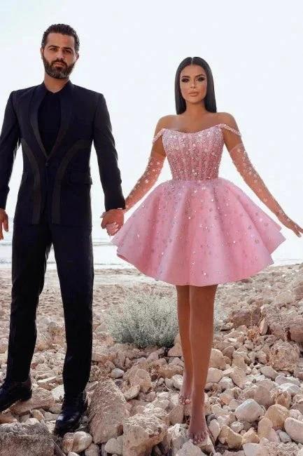 Glamorous Short Pink Cocktail Dresses Off-the-shoulder Glitter Prom Dress With Lace - Image 4