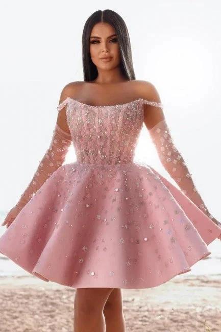 Glamorous Short Pink Cocktail Dresses Off-the-shoulder Glitter Prom Dress With Lace - Image 5