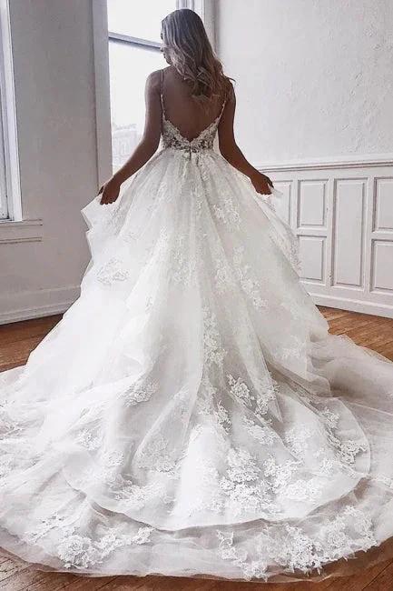 Glamorous Spaghetti-Straps Lace Appliques Tulle A-Line Wedding Dresses - Image 2
