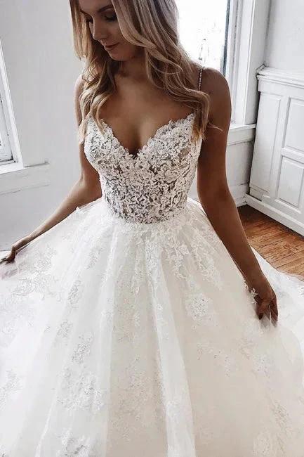 Glamorous Spaghetti-Straps Lace Appliques Tulle A-Line Wedding Dresses - Image 3