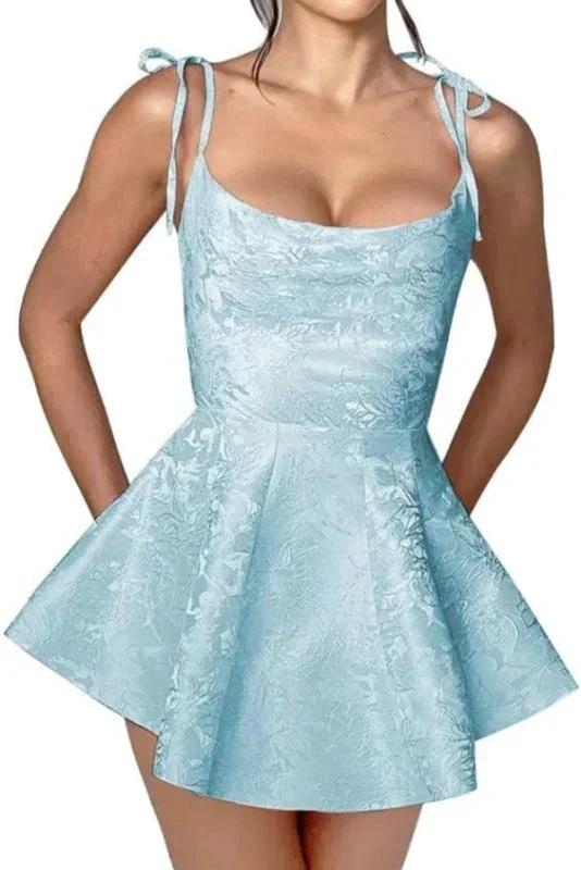 Glamorous Spaghetti Straps Satin Mini Party Dress Jacquard Sleeveless Homecoming Dress - Image 8