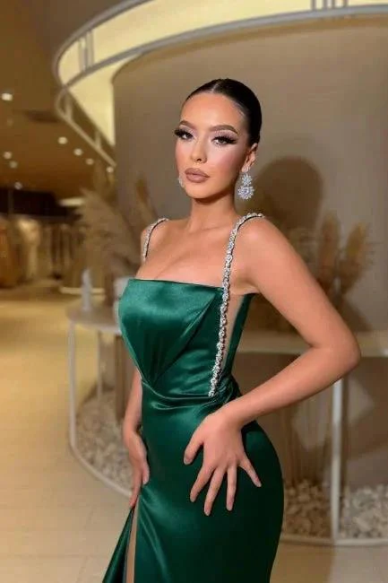 Glamorous spaghetti straps sleeveless a-line satin prom dresses sequined - Image 2