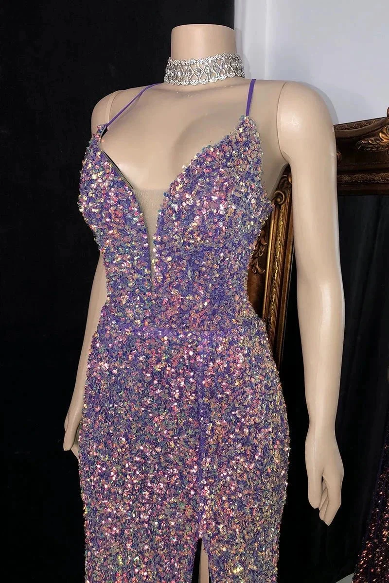 Glamorous Spaghetti Straps V-neck Sequined Sleeveless Prom Dress With Slit - Image 2
