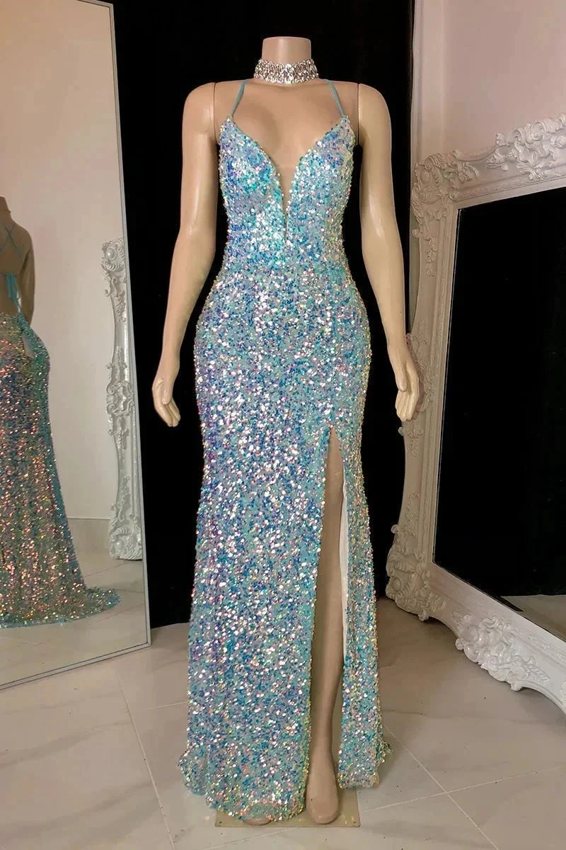Glamorous Spaghetti Straps V-neck Sequined Sleeveless Prom Dress With Slit - Image 3