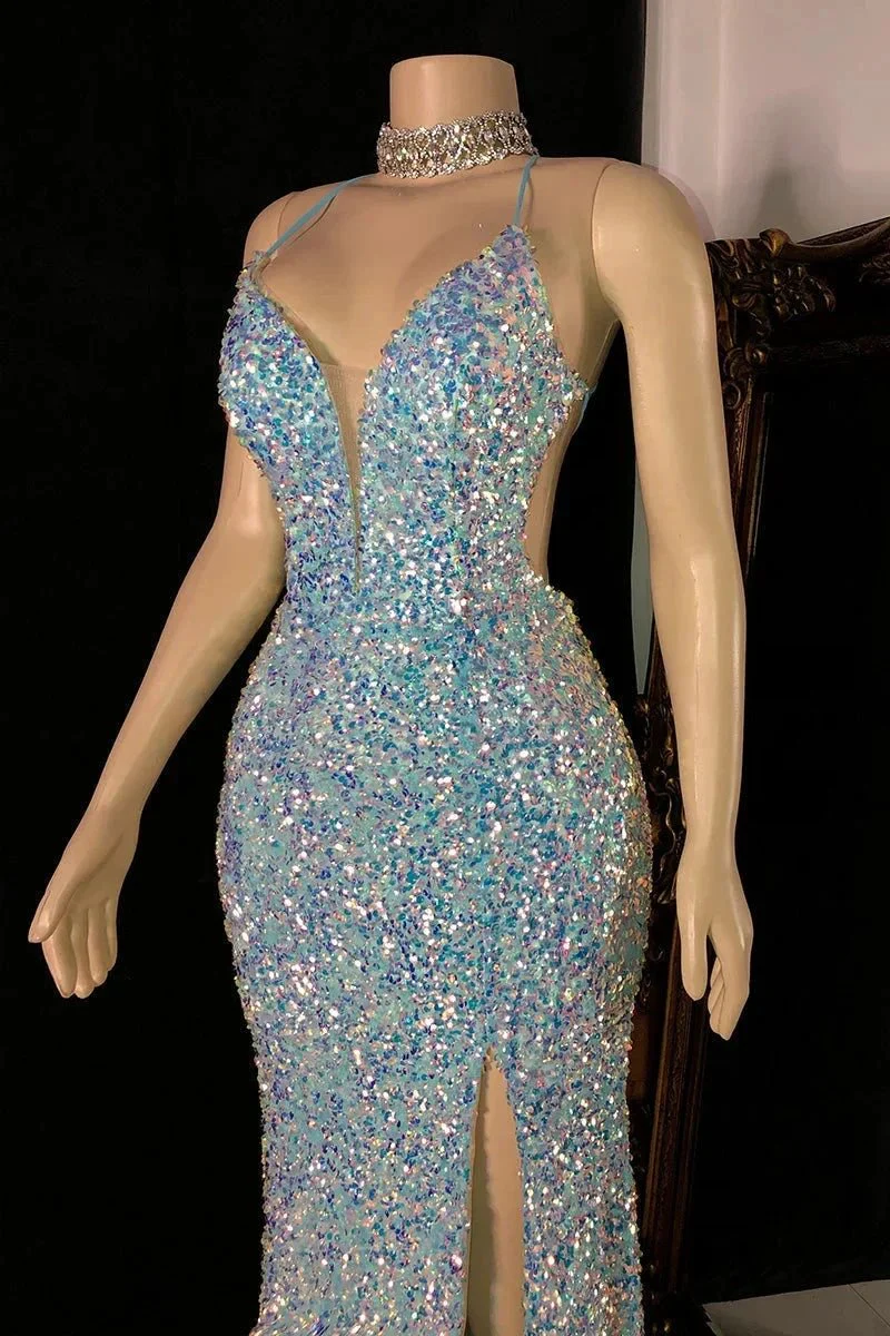 Glamorous Spaghetti Straps V-neck Sequined Sleeveless Prom Dress With Slit - Image 4