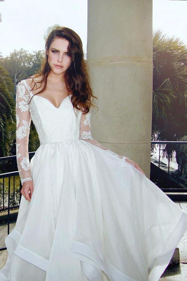 Glamorous V Neck Long Sleeves Lace Organza Wedding Dresses WD125 - Image 2