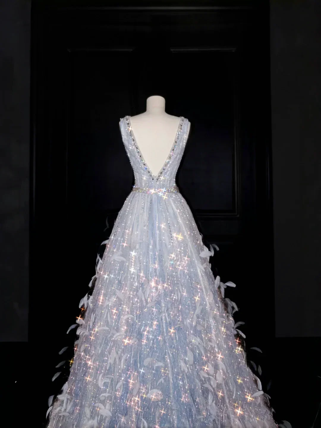 Glamorous V Neck Tulle Beaded Feathers A Line Prom Dress Evening Dress Y8682 - Image 7