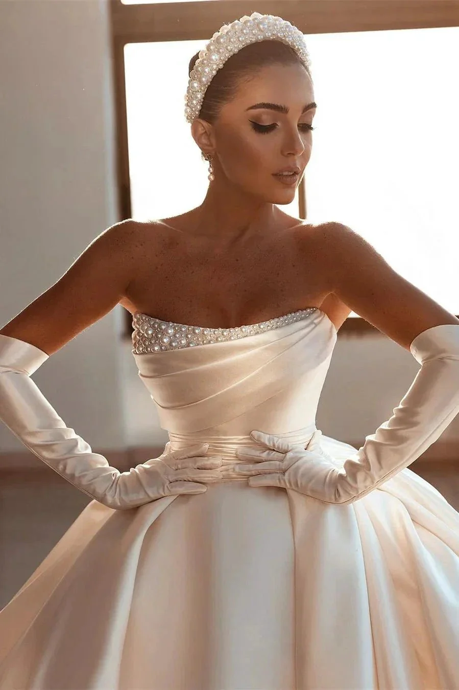 Glamorous White A-line Beading Satin Wedding Dress With Train - Image 2
