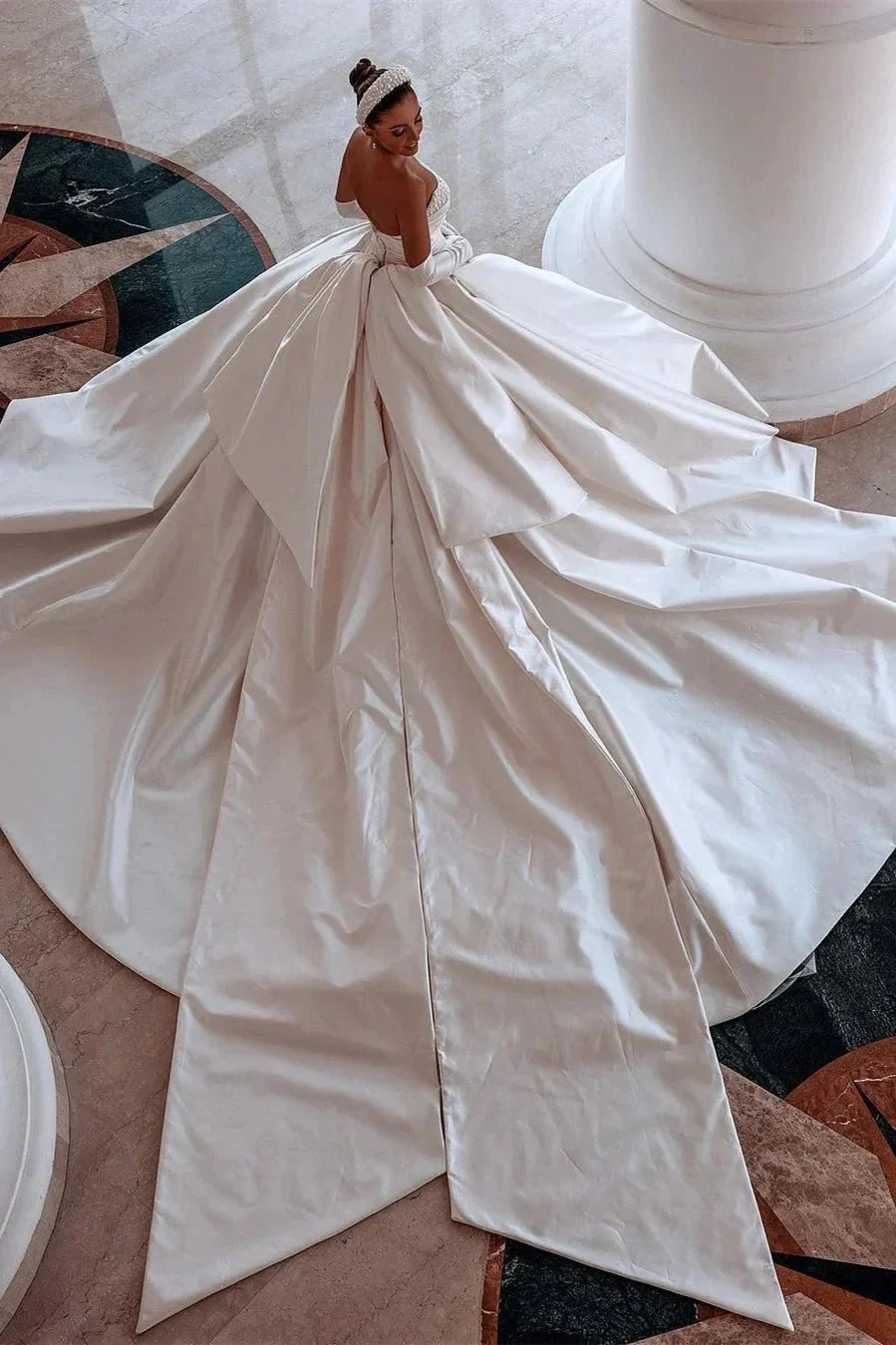 Glamorous White A-line Beading Satin Wedding Dress With Train - Image 3