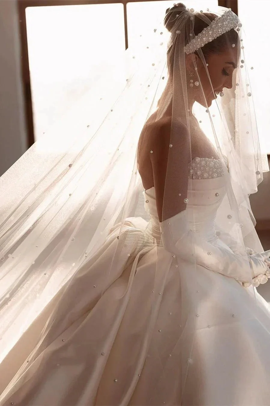 Glamorous White A-line Beading Satin Wedding Dress With Train - Image 4