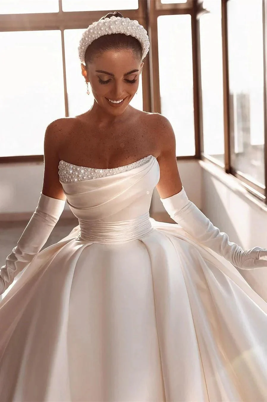 Glamorous White A-line Beading Satin Wedding Dress With Train - Image 5