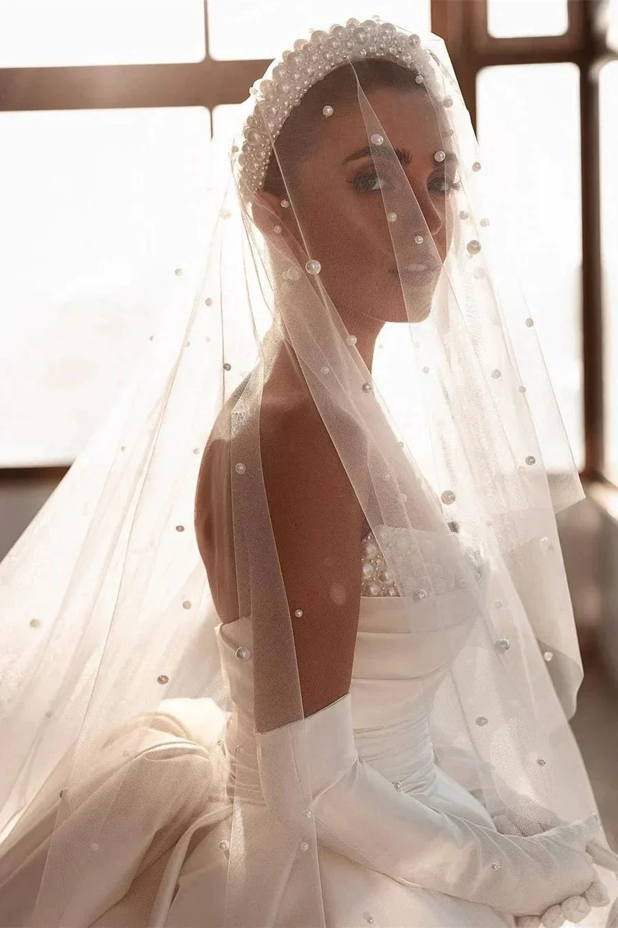 Glamorous White A-line Beading Satin Wedding Dress With Train - Image 6