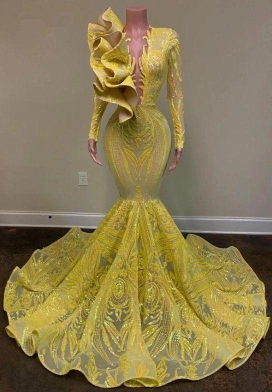 Glamorous Yellow V-neck Long Sleeve Floor-length Mermaid Prom Dresses - Image 2