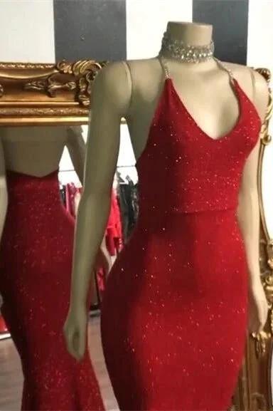 Glamour Red Hot Spaghetti Straps Sequin Mermaid Prom Dress - Image 2
