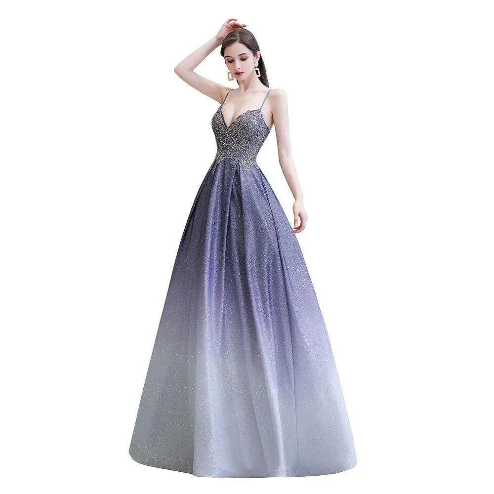 Glamous Spaghetti Ombre Purple Sparkly A-line Party Dress - Image 10