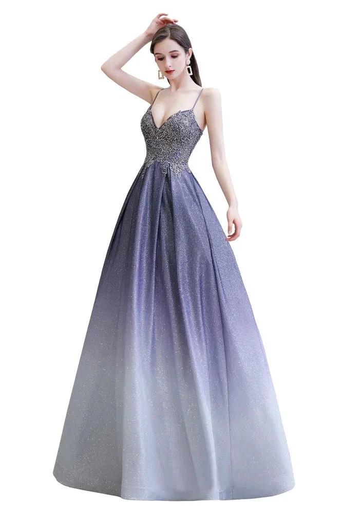 Glamous Spaghetti Ombre Purple Sparkly A-line Party Dress - Image 12