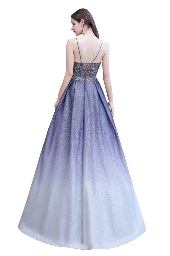 Glamous Spaghetti Ombre Purple Sparkly A-line Party Dress - Image 14