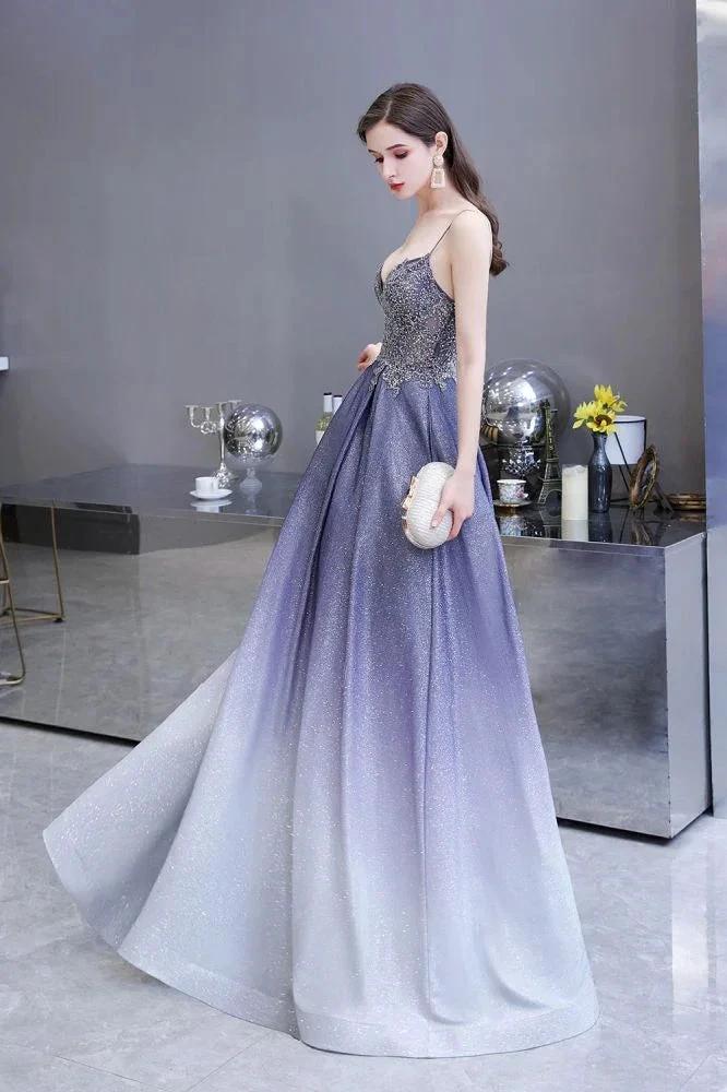 Glamous Spaghetti Ombre Purple Sparkly A-line Party Dress - Image 15