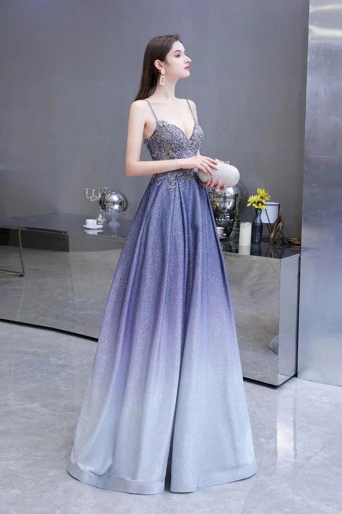 Glamous Spaghetti Ombre Purple Sparkly A-line Party Dress - Image 2