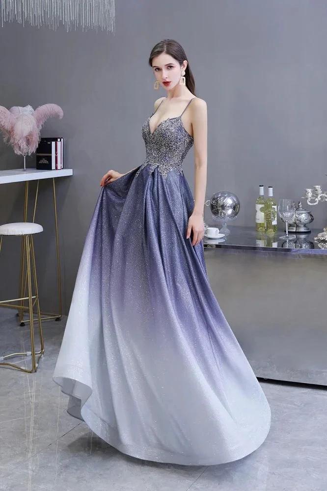 Glamous Spaghetti Ombre Purple Sparkly A-line Party Dress - Image 3