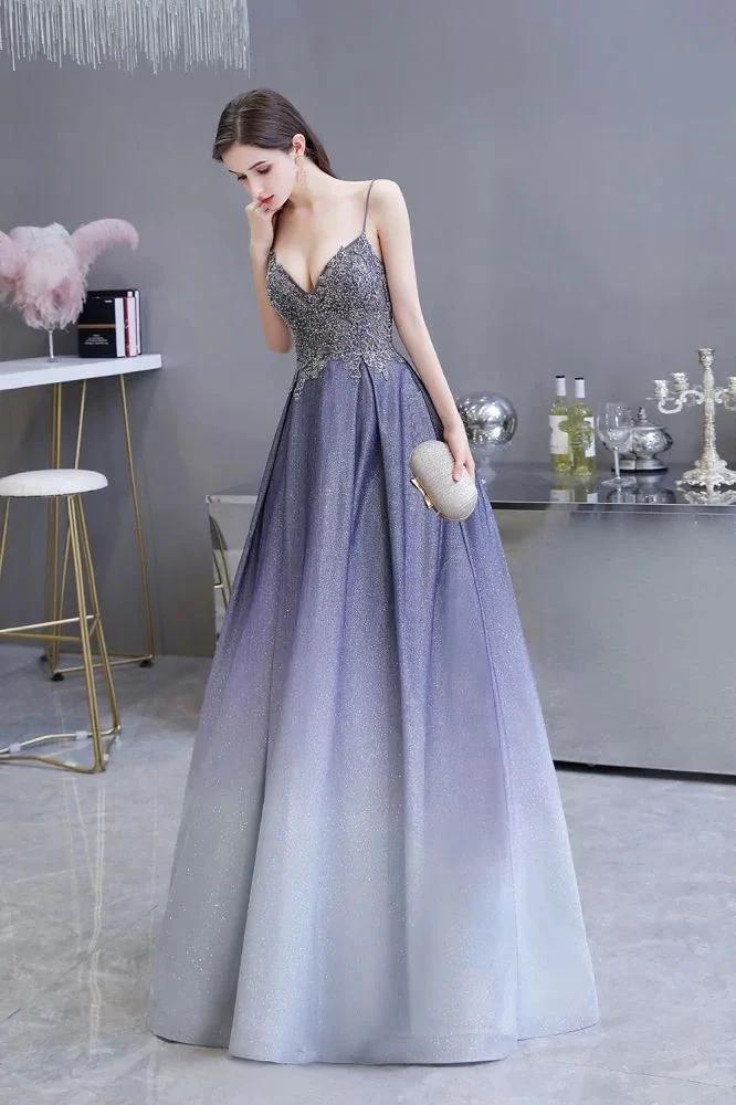 Glamous Spaghetti Ombre Purple Sparkly A-line Party Dress - Image 4