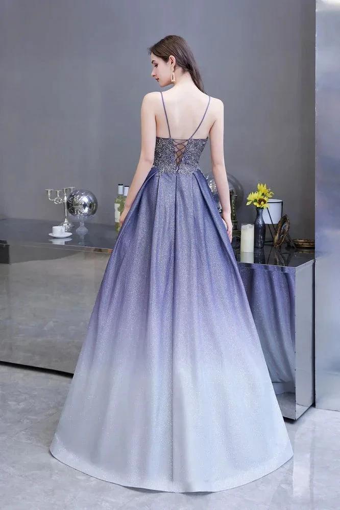 Glamous Spaghetti Ombre Purple Sparkly A-line Party Dress - Image 5