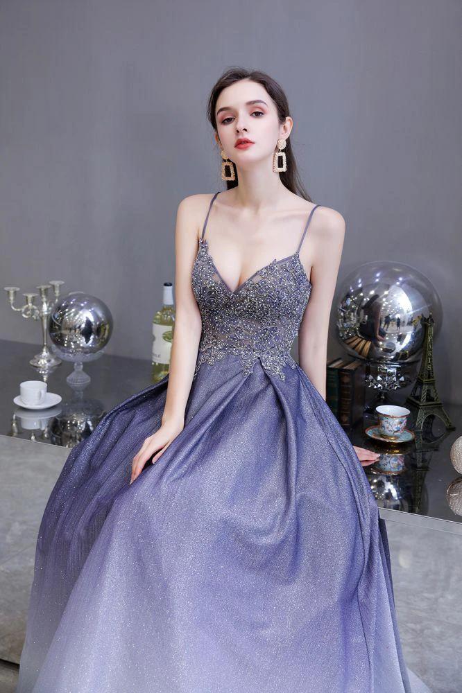 Glamous Spaghetti Ombre Purple Sparkly A-line Party Dress - Image 7