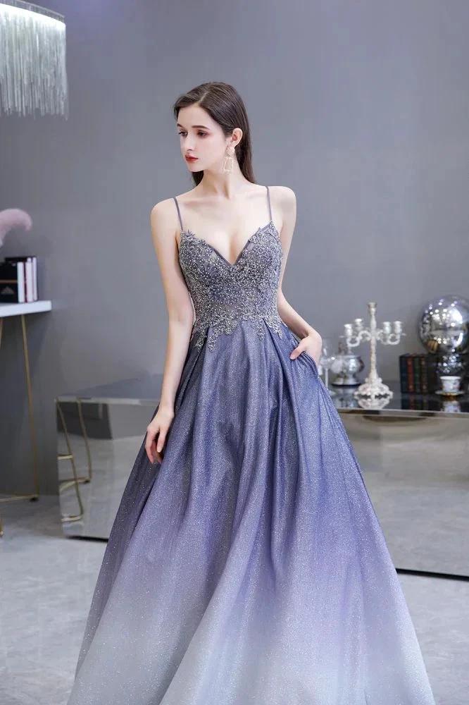 Glamous Spaghetti Ombre Purple Sparkly A-line Party Dress - Image 9