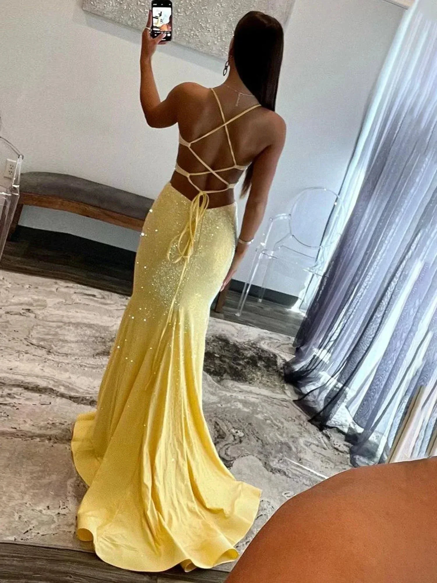 Glint | Sparkly Mermaid V Neck Yellow Sequins Long Prom Dresses - Image 2