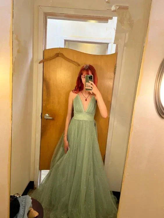 Glitter A-line Green V Neck Long Prom Dress Sleeveless Evening Dress Y621 - Image 2