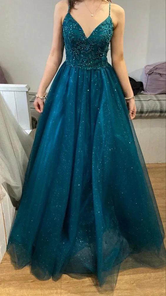 Glitter A-line V Neck Spaghetti Straps Prom Dress Generous Beaded Evening Dress Y660 - Image 2