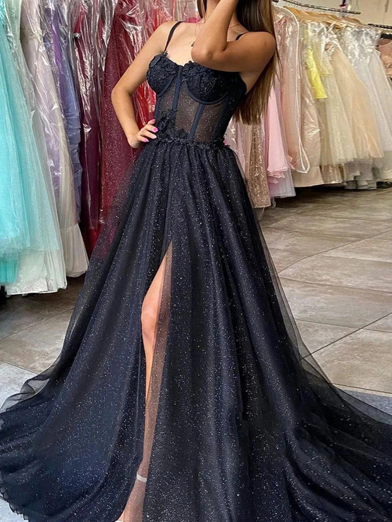 Keily |A-line Spaghetti Straps Glitter Tulle Prom Dress - Image 2