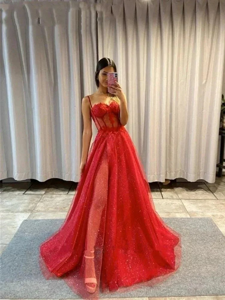 Keily |A-line Spaghetti Straps Glitter Tulle Prom Dress - Image 3