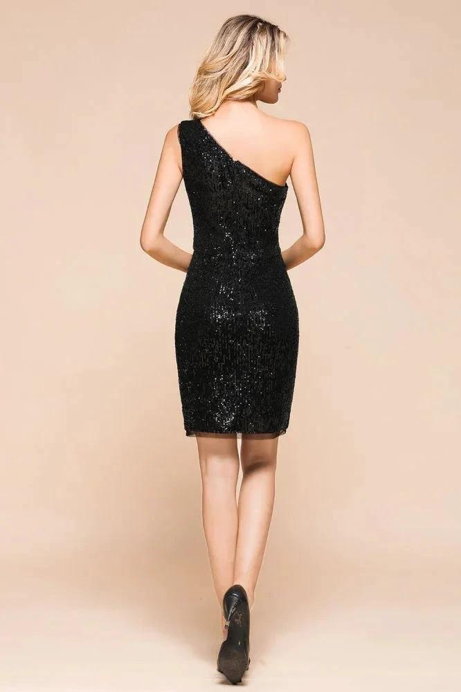 Glitter Black Sequins One Shoulder Mini Party Dress Short Cocktail Dress - Image 2