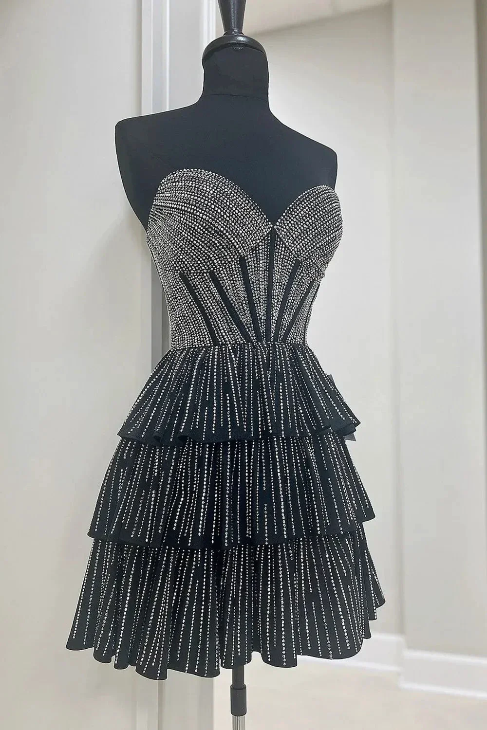 Glitter Black Strapless A-Line Corset Short Homecoming Dress with Beading - Image 3